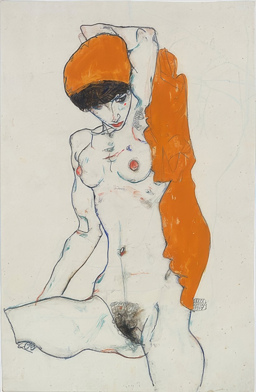 Stojící nahá s oranžovou látkou. 1914 od Egon Schiele