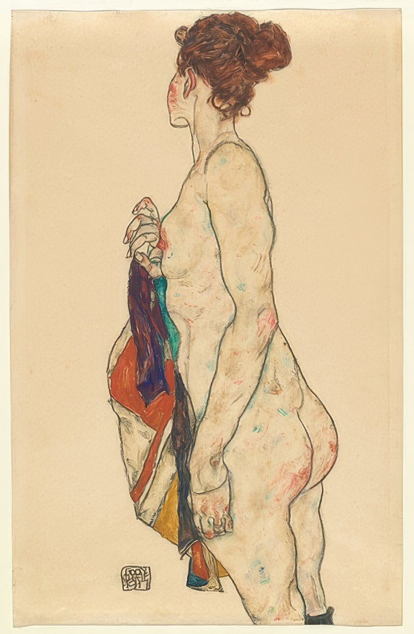 Stojící nahá se vzorovaným županem. 1917 od Egon Schiele