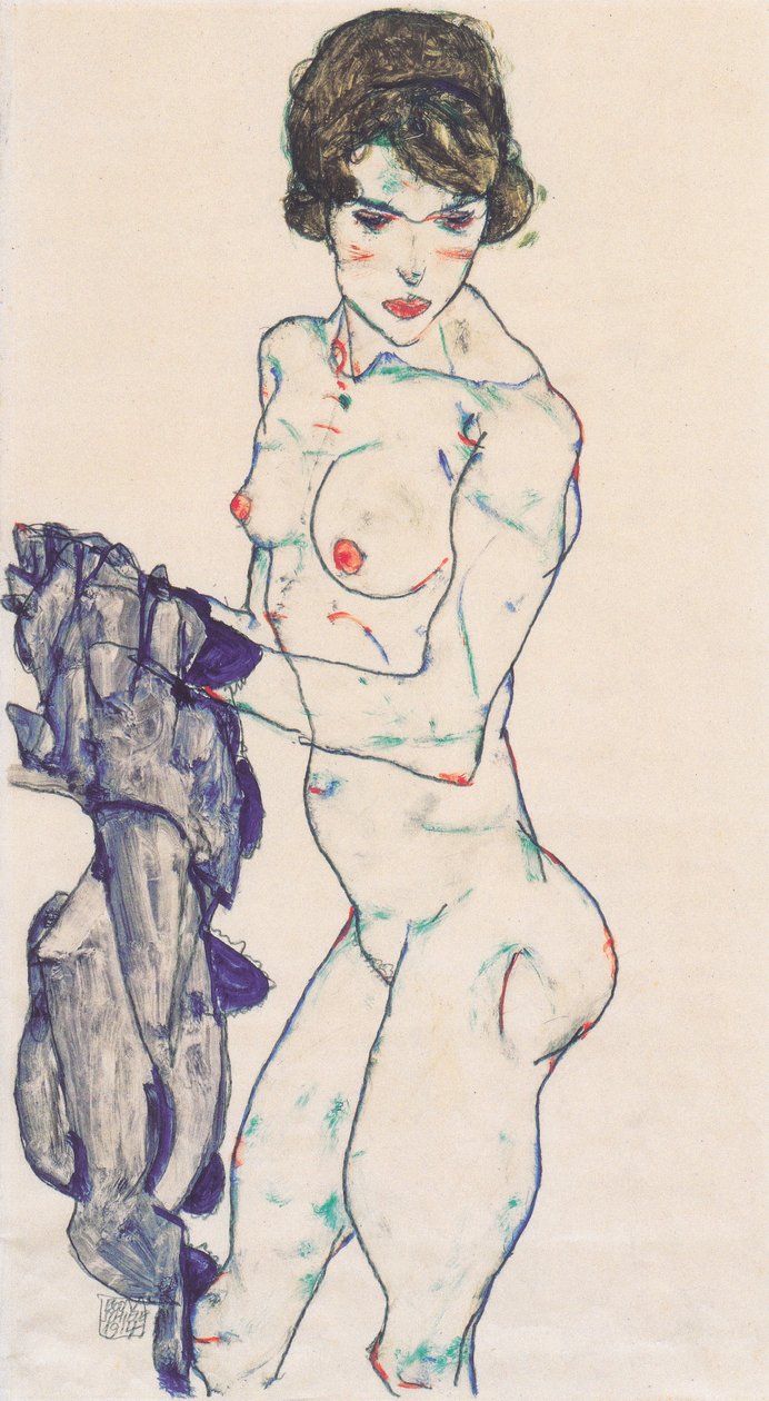 Stojící ženská akt s modrou látkou od Egon Schiele