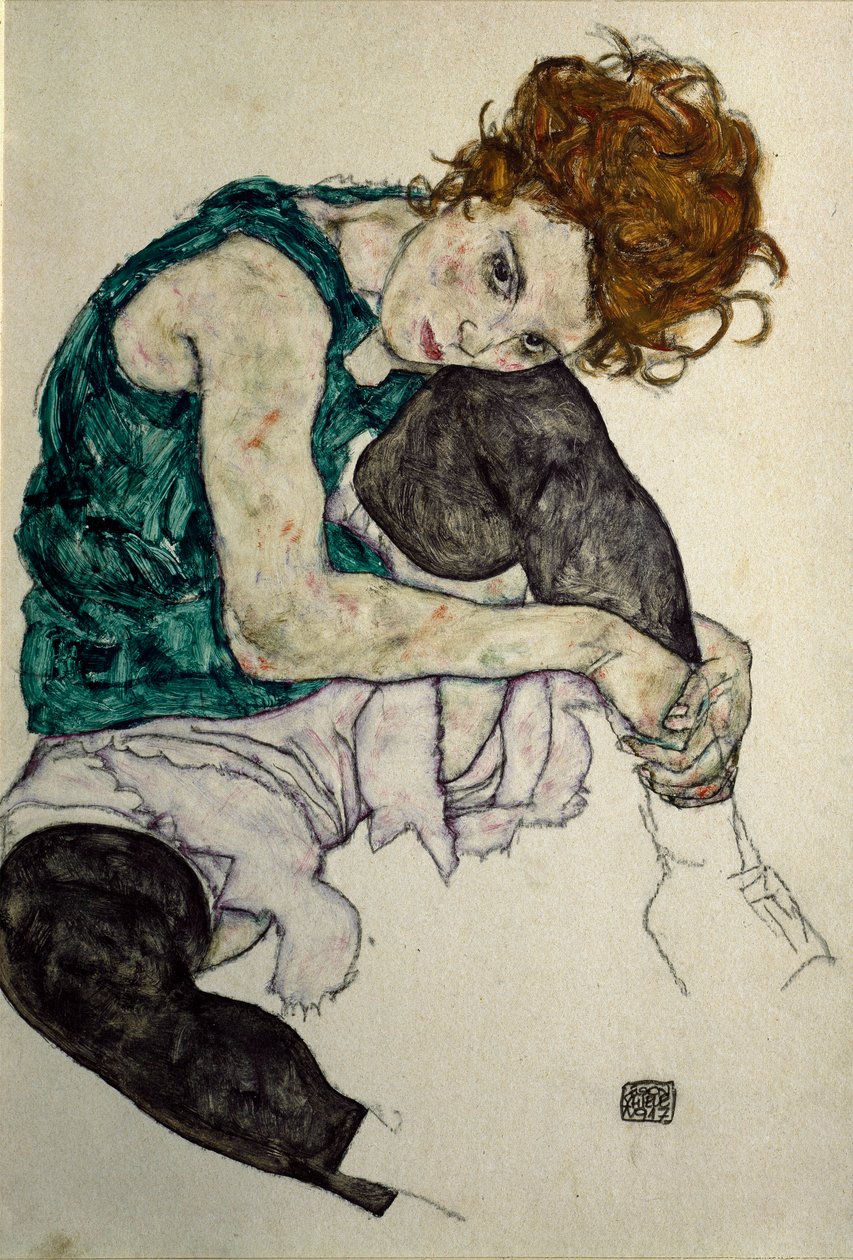 Umělcova žena, asi 1917 (kvaš, akvarel a černá pastelka na papíře) od Egon Schiele
