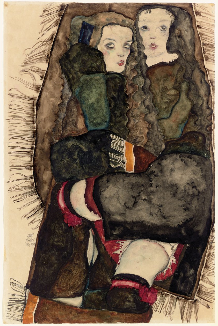 Dvě dívky na přikrývce s třásněmi; Dvě dívky na přikrývce s třásněmi, 1911 od Egon Schiele