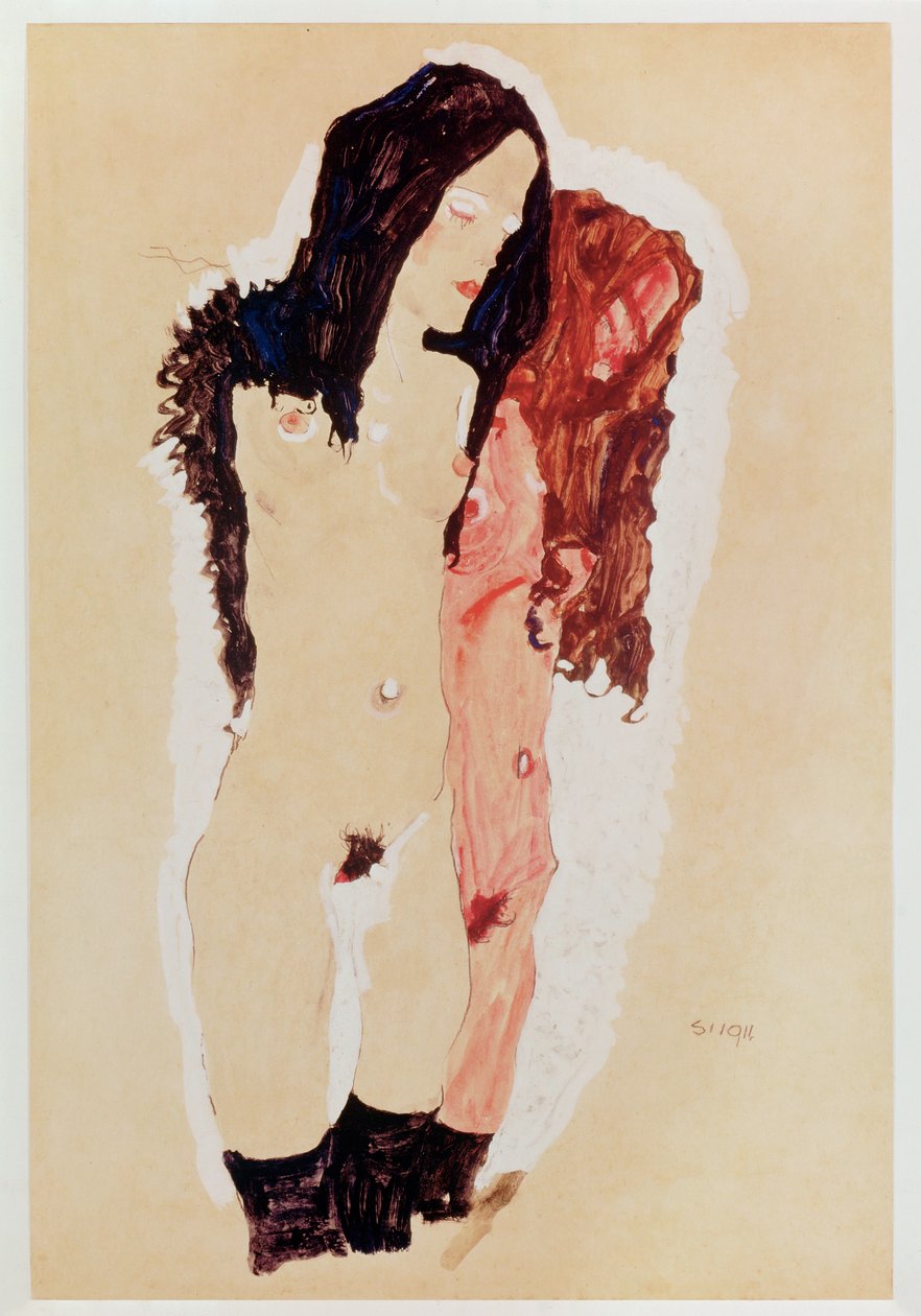 Dvě ležící dívky (kvaš, akvarel a tužka) od Egon Schiele