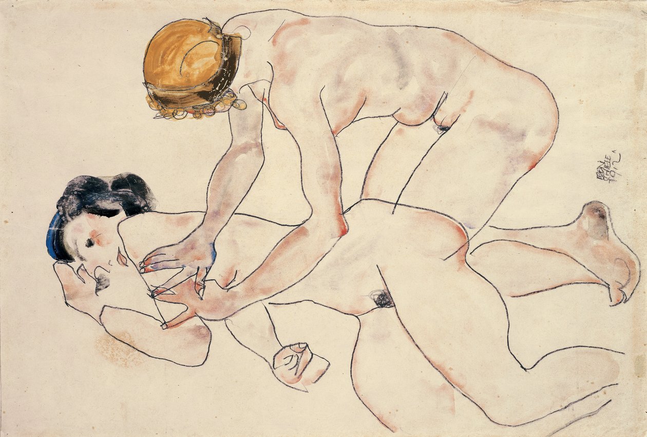 Dva ženské akty, ležící a klečící od Egon Schiele