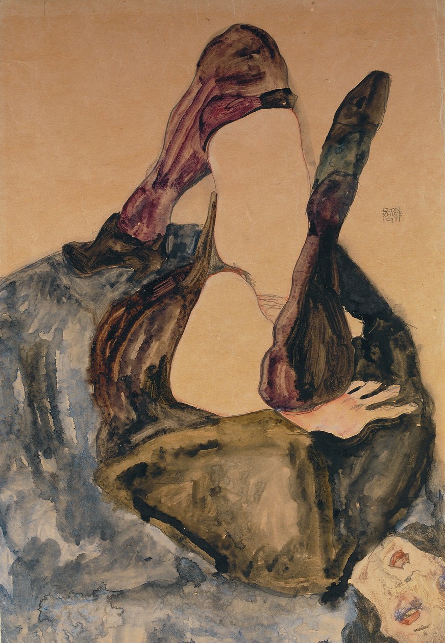 Žena se zdviženou nohou a fialovými punčochami; Žena se zdviženou nohou a fialovými punčochami, 1911 od Egon Schiele