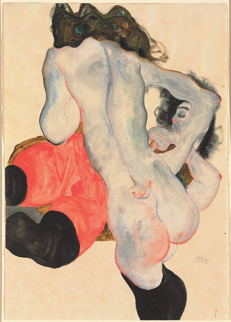 Žena s červenými kalhotami a stojící ženský akt; Ležící žena s červenými kalhotami a stojící ženský akt, 1912 od Egon Schiele
