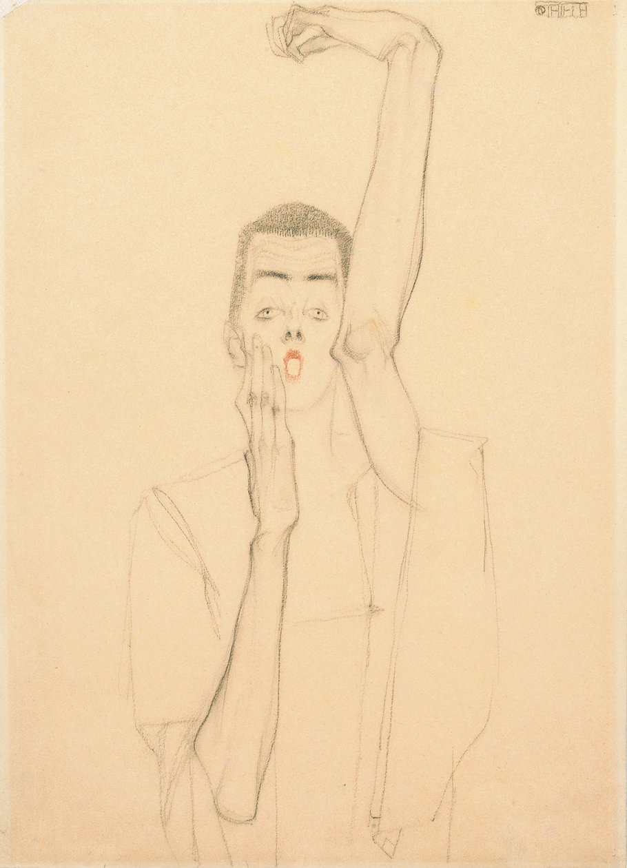 Mladý muž se zdviženou paží a červenými ústy; Autoportrét se zdviženou levou paží a červenými ústy, 1909 od Egon Schiele