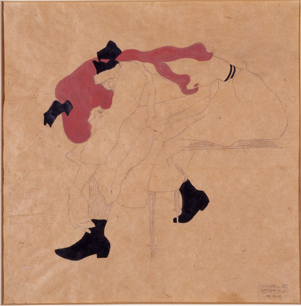 Mladá dívka s černou stuhou v zrzavých vlasech, obouvá si boty, 1909 od Egon Schiele