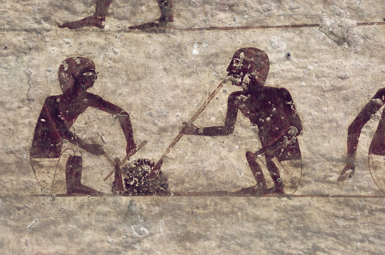 Skleněné foukače, detail z nástěnné malby hrobky, egyptský, stará až střední říše (malovaný vápenec) od Egyptian