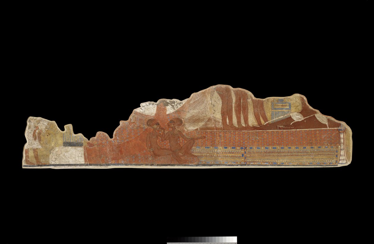 Fragment nástěnné malby ze soukromého domu zobrazující dvě mladší dcery faraona Achnatona a královnu Nefertiti sedící u nohou svých rodičů, nalezený v Tell el-Amarna v Novém království (zeď pa od Egyptian 18th Dynasty