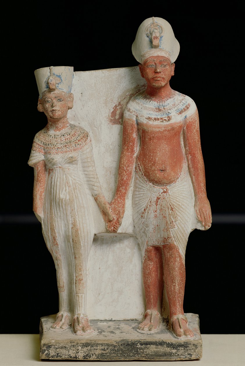 Soška Amenophis IV (Achnaton) a Nefertiti, z Tell el-Amarna, období Amarna, Nová říše, 1353-1337 př.nl (malovaný vápenec) (viz také 219625) od Egyptian 18th Dynasty