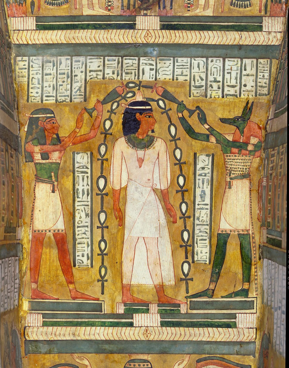 Libation of the Dead, detail z interiéru sarkofágu Amenemipeta, kněze kultu Amenophis (Amenhotep) I., zobrazující Anubise a bohyni Maat, jak si lijí vodu na hlavu od Egyptian 18th Dynasty