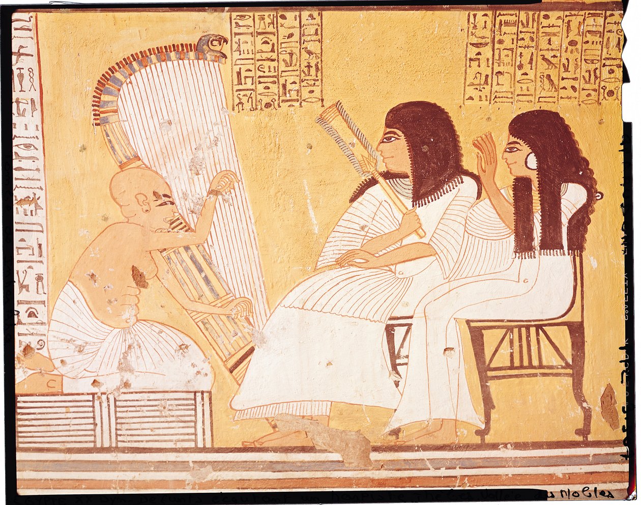 Zesnulý a jeho manželka poslouchají slepou harfistku z Tomb of Ankerkhe, Workmens Tombs, New Kingdom (nástěnná malba) od Egyptian 20th Dynasty