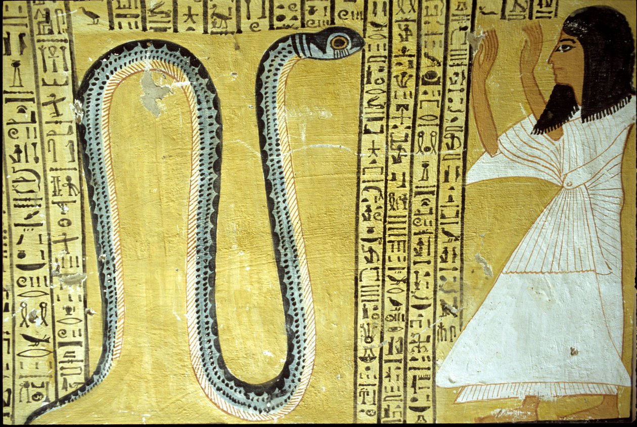 Inherkhau uctívající sito hadího boha podsvětí, z hrobky Inherkhau, Théby (nástěnná malba) od Egyptian 20th Dynasty