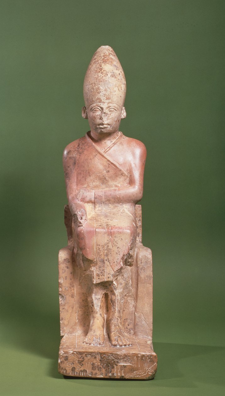 Sedící socha faraona Khasekhema s poraženými nepřáteli vyříznutými kolem základny, nalezená v Hierakonpolis, cca 2700 př. n. l. (vápenec) od Egyptian 2nd Dynasty
