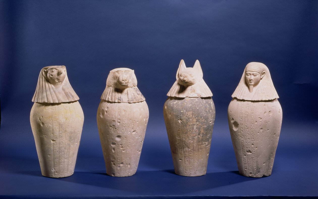 Sada čtyř baldachýnových nádob patřících Djedbastetefankhovi z jeho hrobky v Hawaře, pozdní období, cca 380-342 př.nl (vápenec) od Egyptian 30th Dynasty