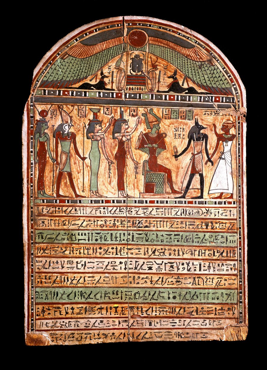 Egyptský starověk: pohřební stéla velekněze: Osiris vítá zesnulého přítomného v Anubisovi, za ním božstva Isis, Nephtis (Nephtys nebo Neftis), Horus, Hathor. 3.-2. století před naším letopočtem. turín, Egyptské muzeum - Egyptské starožitnosti: pohřební sté od Egyptian