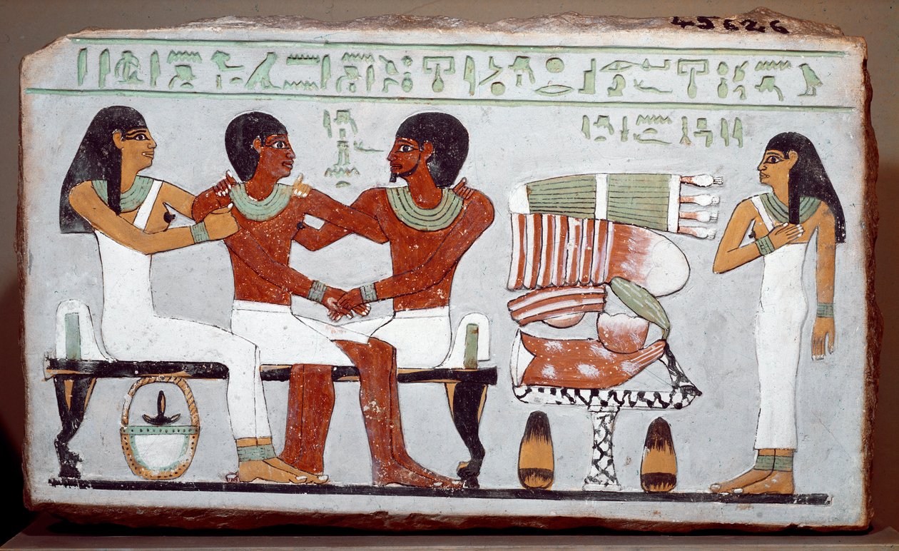 Egyptský starověk: pohřební stéla malovaná z vápence zobrazující rodinu Amenemhet (Amenemhat) od Egyptian 11th Dynasty