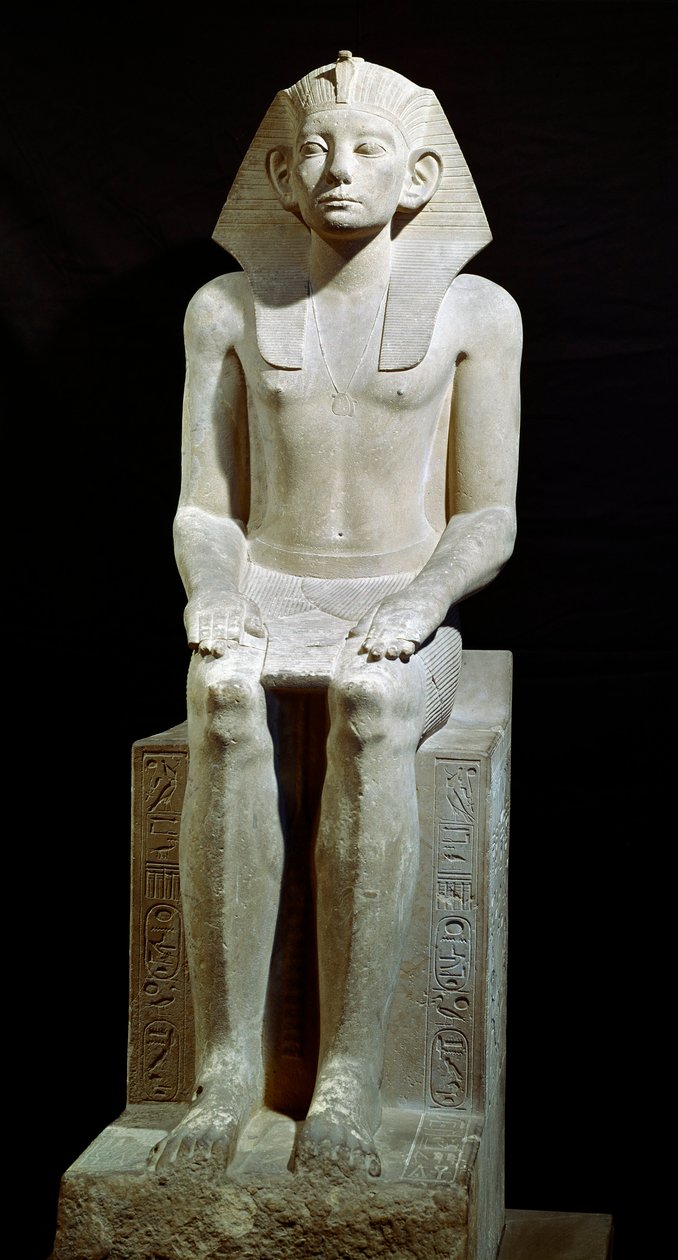 Egyptská starožitnost: vápencová socha faraona Amenemhata (Amenemhat) III. 12. dynastie. 1910 před naším letopočtem. Z Hawary. Ztlumit. 160 cm Káhira, Egyptské muzeum od Egyptian 12th Dynasty