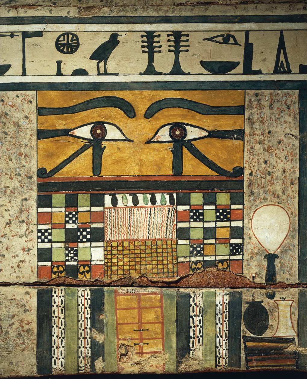 Detail panelu s apotropaickýma očima převyšujícími zavřené dveře, symbolizující přechod do podsvětí, ze Sarkofágu v Irinimenpu od Egyptian 12th Dynasty