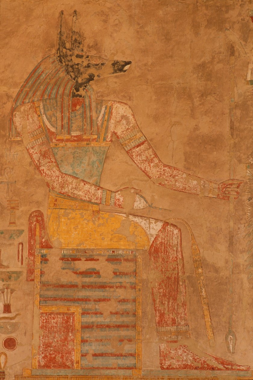 Anubis, bůh smrti z pohřebního chrámu královny Hatšepsut (asi 1503-1482 př. n. l.) (malovaný vápenec) od Egyptian 18th Dynasty