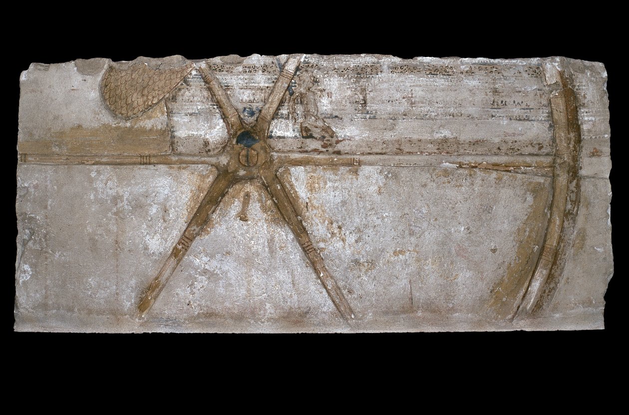 Vápencový blok s vyřezávaným a malovaným vyobrazením kola vozu, 1353-35 př. n. l. (vápenec) od Egyptian 18th Dynasty