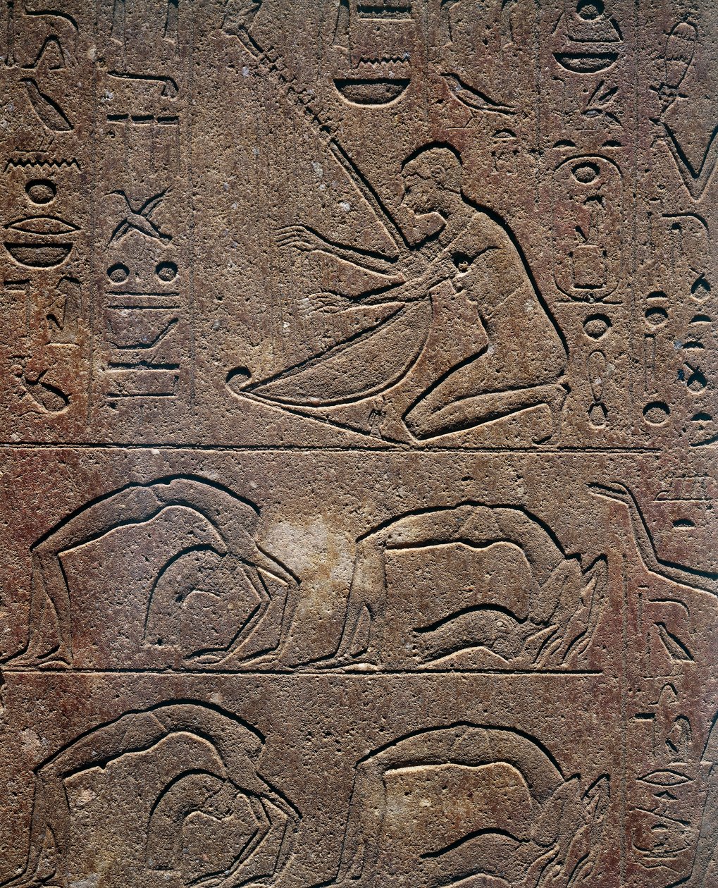 Slavnosti s harfistou a akrobaty, reliéf, Červená kaple Hatšepsut, rekonstrukce vystavená v Karnakském muzeu, Egyptská civilizace, Nová říše, dynastie XVIII od Egyptian 18th Dynasty