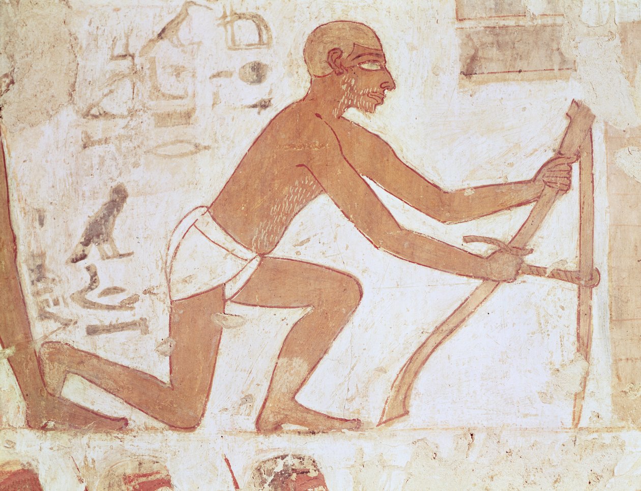 Stavba zdi, detail muže s motykou, z hrobky Rekhmire, vezíra Tuthmosis III a Amenhotepa II, Nová říše (nástěnná malba) (detail 157750) od Egyptian 18th Dynasty