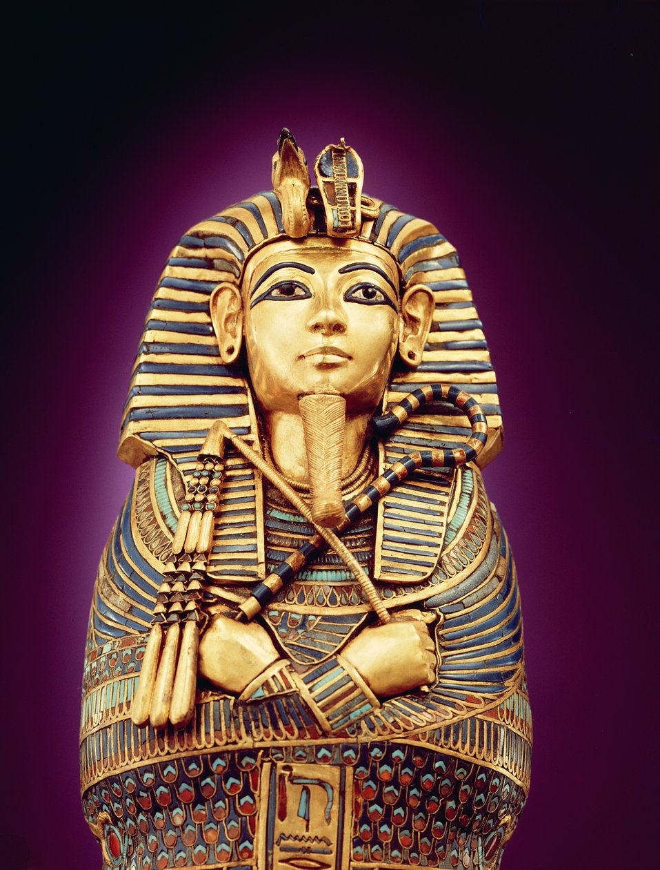 Detail čelního pohledu na jednu z baldachýnových rakví, z hrobky Tutanchamona, Nová říše (tlučené zlato vykládané barevným sklem a kornelianem) od Egyptian 18th Dynasty