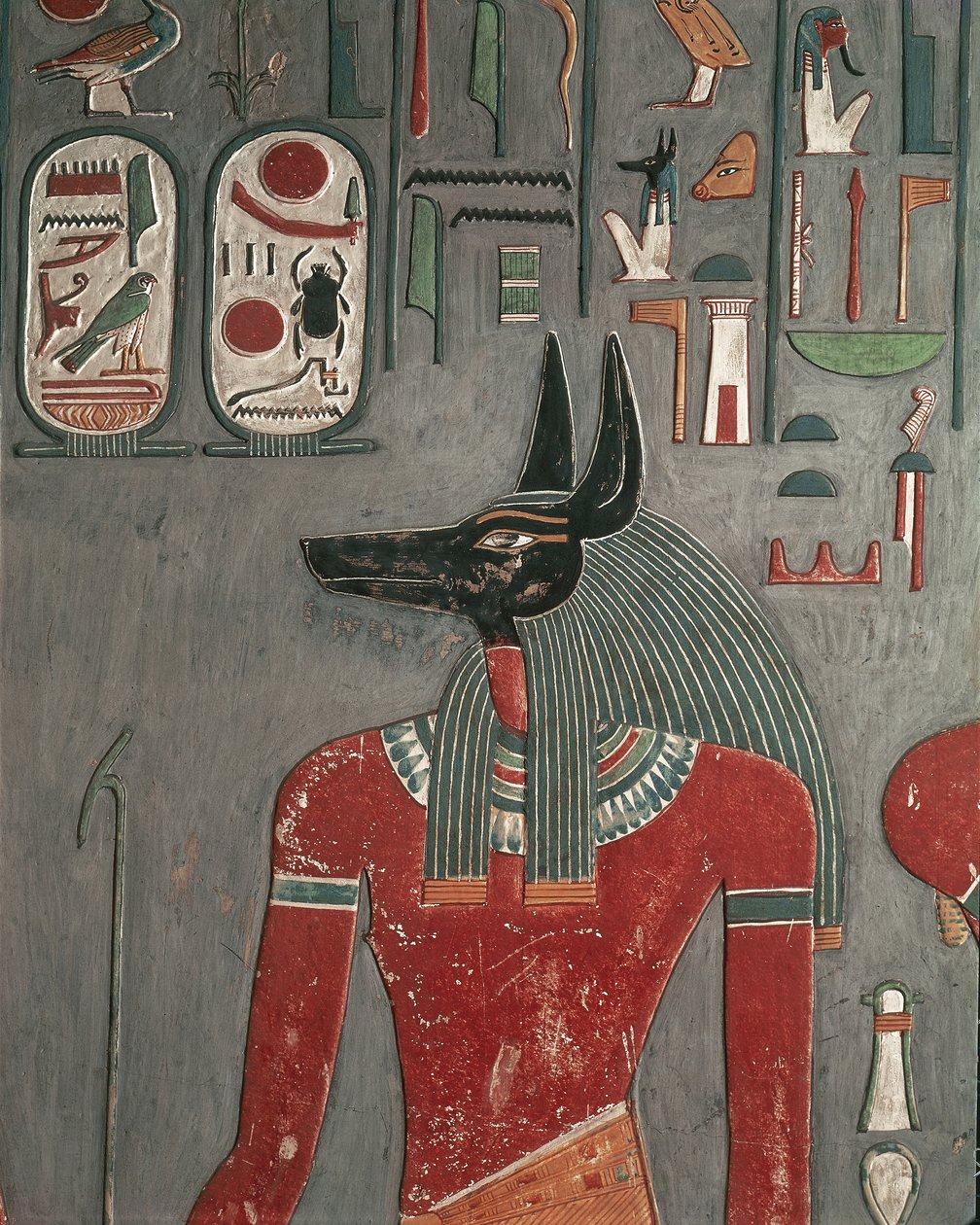 Egypt, starověké Théby, Údolí králů, nástěnná malba Anubis v hrobce Horemheb od Egyptian 18th Dynasty