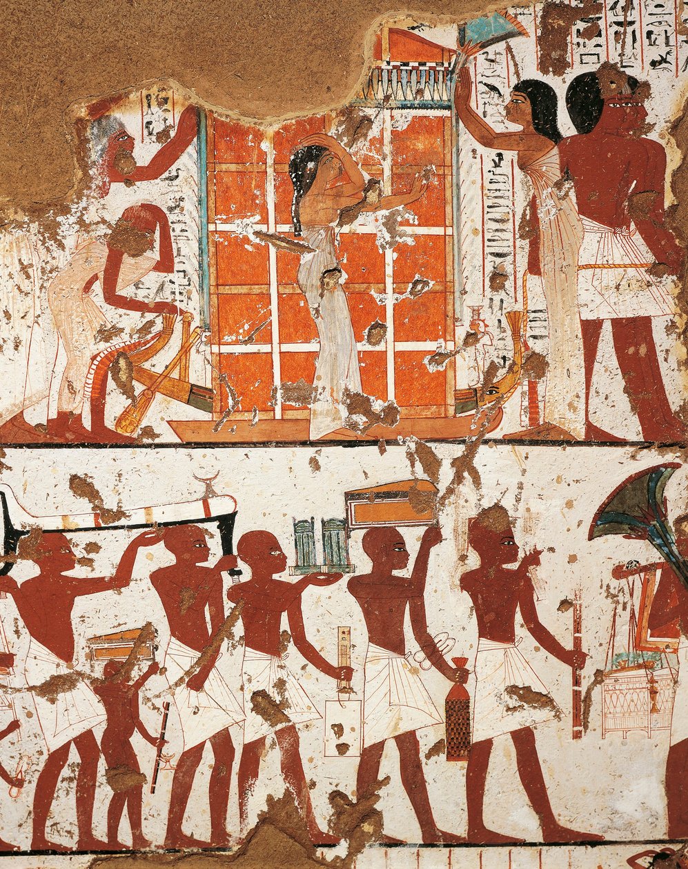 Egypt, Théby, El-Khokha Necropolis Údolí vznešených, Hrobka Nebamon a Ipouky, Detail fresek zobrazujících pohřební průvod a vdovu u katafalku zesnulých od Egyptian 18th Dynasty