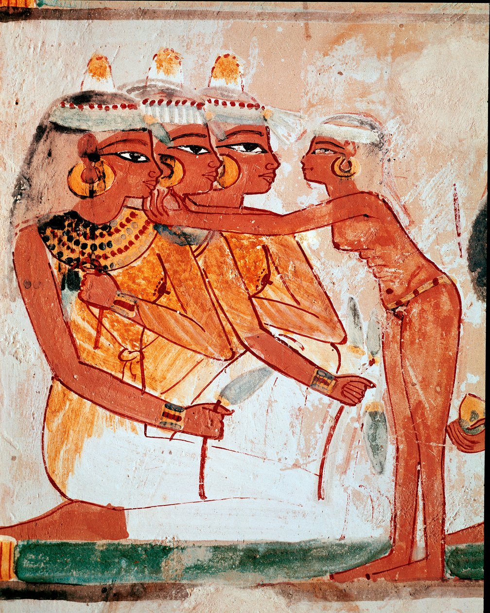 Egyptské umění: Tomb of Nakht. Toaleta: pokojská pomáhá třem ženám držícím lotosové květy oblékat si šperky před smuteční hostinou. Freska z Luxoru (místo Théb, nekropole šejka Abd al-Gournah (Gournah), levý břeh Nilu, Egypt. od Egyptian 18th Dynasty