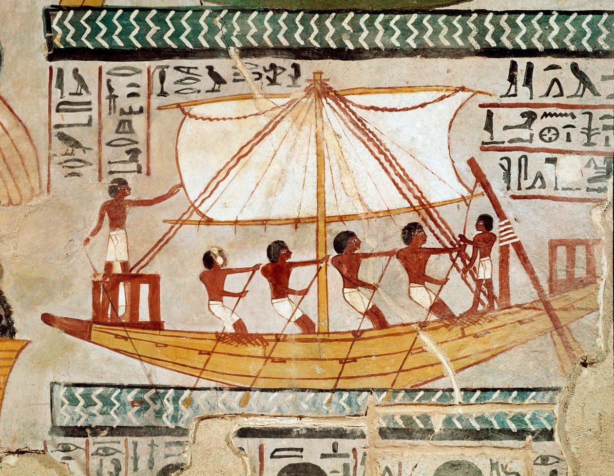 Egyptský starověk: „“ loď na řece vracející se z pouti k hrobce Osiris, Abydos““ 18. dynastie. Freska z hrobky Sennefera (TT 96) z oblasti hrobky šlechticů v Gournah. Sheikh Abd el-Gournah (el Gournah), Luxor Egypt - Ancie od Egyptian 18th Dynasty