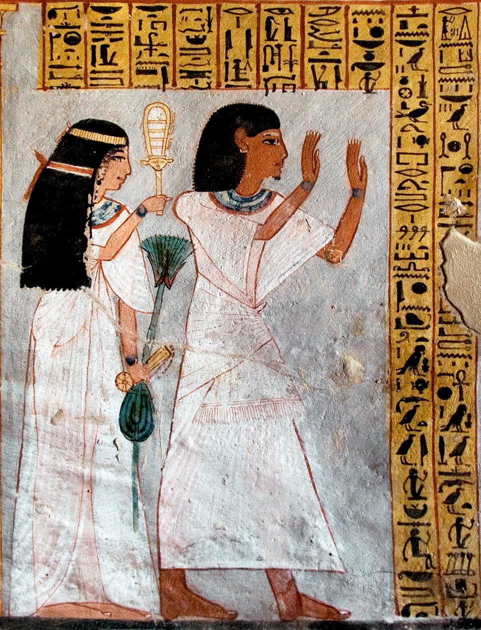 Egyptský starověk: postavy v uctívání. Tomb of Roy (TT255). 18. dynastie. Ze západního břehu Luxoru, Egypt – Starověký Egypt: Pár uctívaný Osiris. Tomb of Roy (TT 255). 18. dynastie. Ze západního břehu Luxoru v Egyptě od Egyptian 18th Dynasty