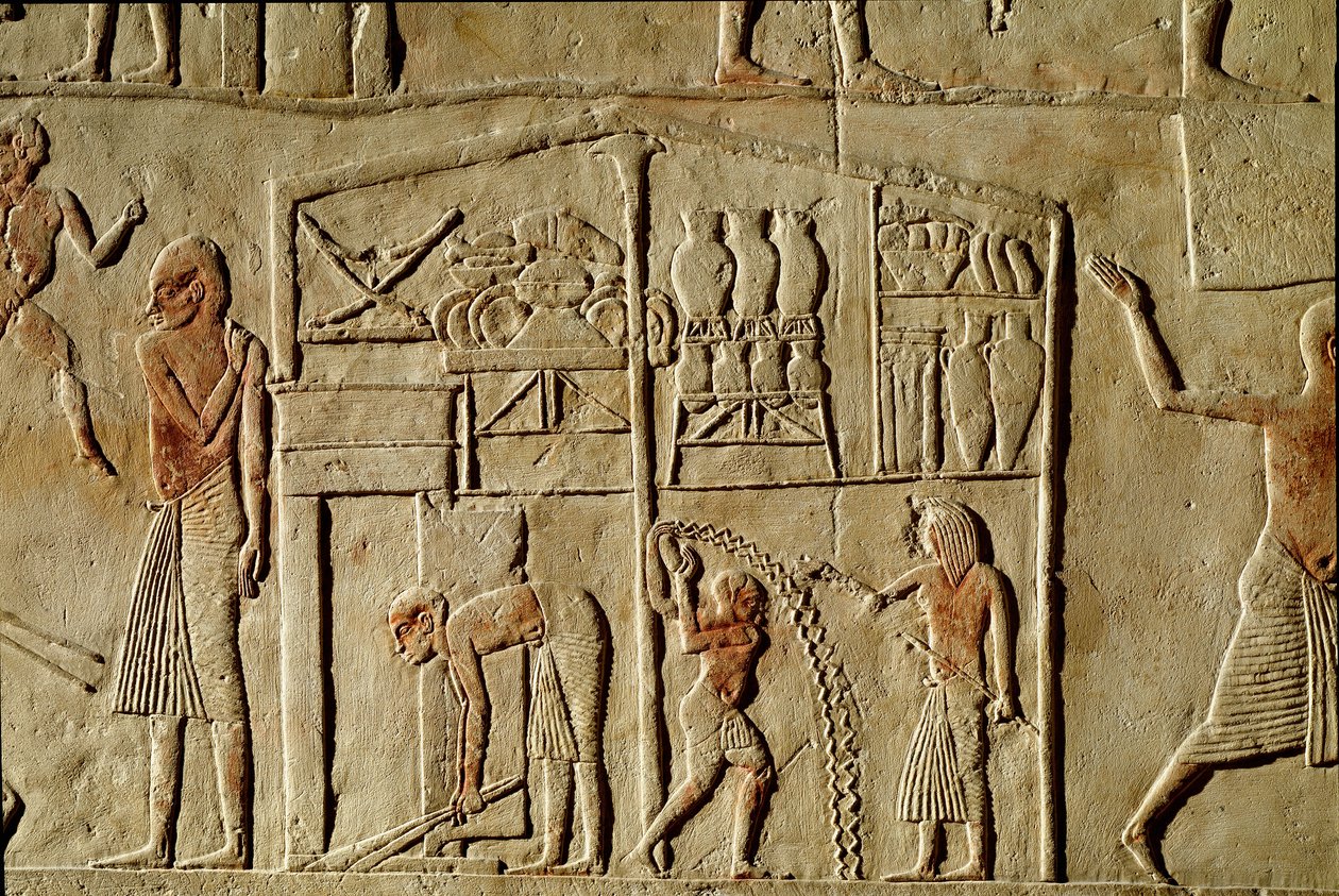 Egyptský starověk: „“potraviny se skladují ve skladech“““ Reliéf zdobící hrob vysokého úředníka 18. dynastie. Bologna Civico Museo Archeologico od Egyptian 18th Dynasty