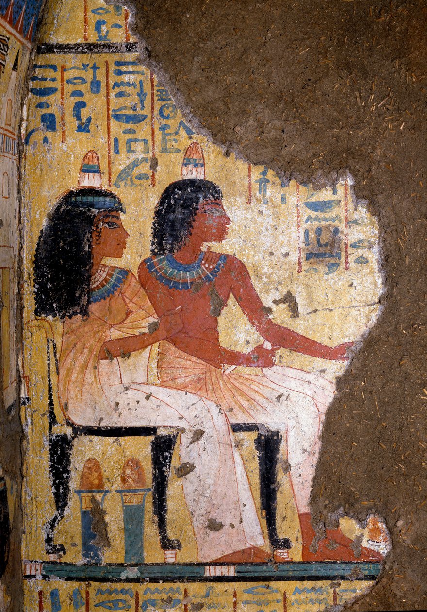 Egyptská antika: freska hrobky malíře Maii, zesnulého a jeho manželky sedící na hostině. 18. dynastie. Z kaple Maia, Deir el-Medineh (el Medineh), New Empire Dim. 67 cm Turín, Egyptské muzeum od Egyptian 18th Dynasty