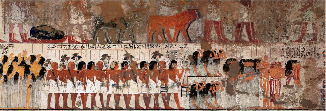 Egyptská antika: pohřební scéna s pláčem. Hrobka Ramose (1411-1375 př. n. l.), správce Théb a vezíra, počátek vlády Amenofise IV. Nekropole Gournah (Šejk Abd el-Gournah), Egypt - Starověký Egypt: truchlící při pohřebním průvodu. Tom od Egyptian 18th Dynasty