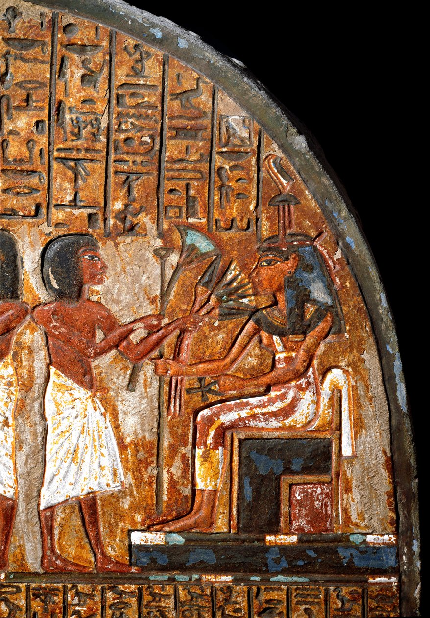 Egyptský starověk: pohřební stéla Minhotep: detail znázorňující oběť květin bohyni Hathor, která drží klíč života ve tvaru kříže Ansee (Ankh). 18. dynastie. 14. století př. n. l. Turín, Egyptské muzeum od Egyptian 18th Dynasty