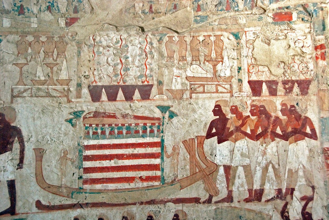 Egyptský starověk: obraz zdobící hrobku Userhata (Ursehat) (TT56), vysokého úředníka Bath (18. dynastie), zobrazující posvátnou loď převážející katafalk s mumií Oursehat. Luxor, Západní břeh, Údolí šlechty Egypt od Egyptian 18th Dynasty