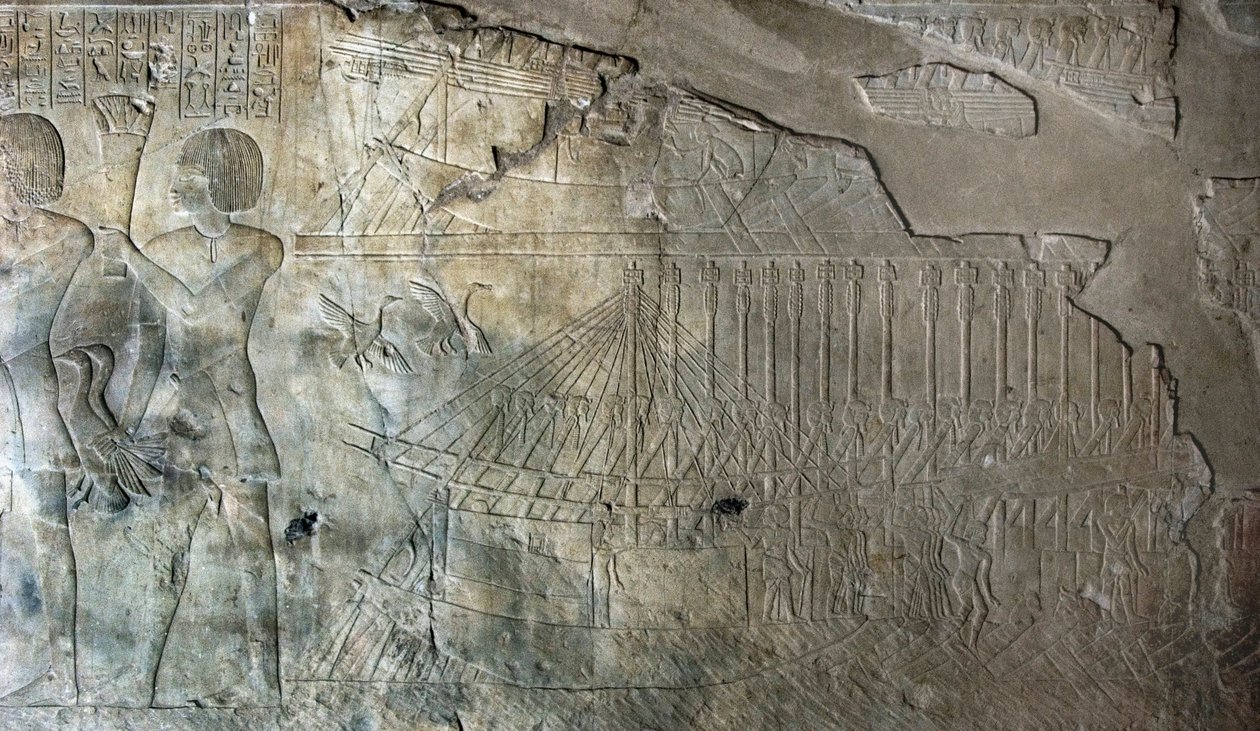 Egyptský starověk: reliéf z hrobky Kha em Het (Khaemhat) inspektora podkroví a písaře na dvoře Amenophis III (TT57) představující flotilu lodí. 18. dynastie. 1530-1290 před naším letopočtem. Vallee des Nobles. Luxor, Západní břeh Jordánu, Egypt od Egyptian 18th Dynasty