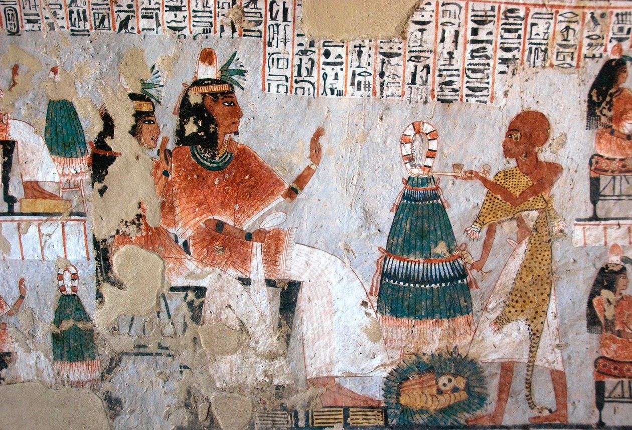 Egyptský starověk: reprezentace Roye a jeho manželky Nebtawy čelí veleknězi. Obraz hrobky Roy (TT255). 18. dynastie. Ze západního břehu Luxoru v Egyptě od Egyptian 18th Dynasty