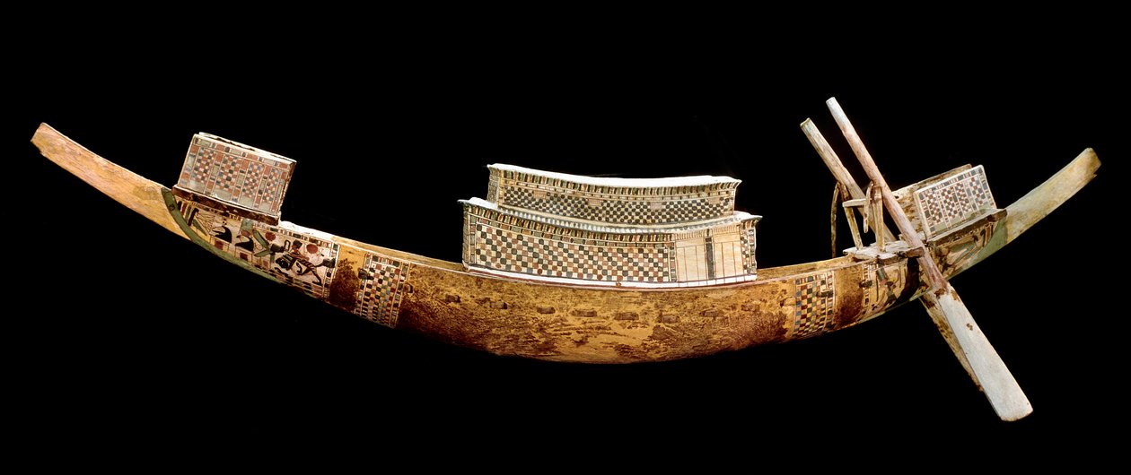 Egyptský starověk: královská loď: představuje cestu zesnulého na onen svět. Dřevořezba z hrobky All-Ankh-Amon (Tutanchamon nebo Tutanchamon), údolí králů, Egypt. 1375-1358 před naším letopočtem. Egyptské muzeum, Káhira, Egypt - Egyptské Antiquiti od Egyptian 18th Dynasty