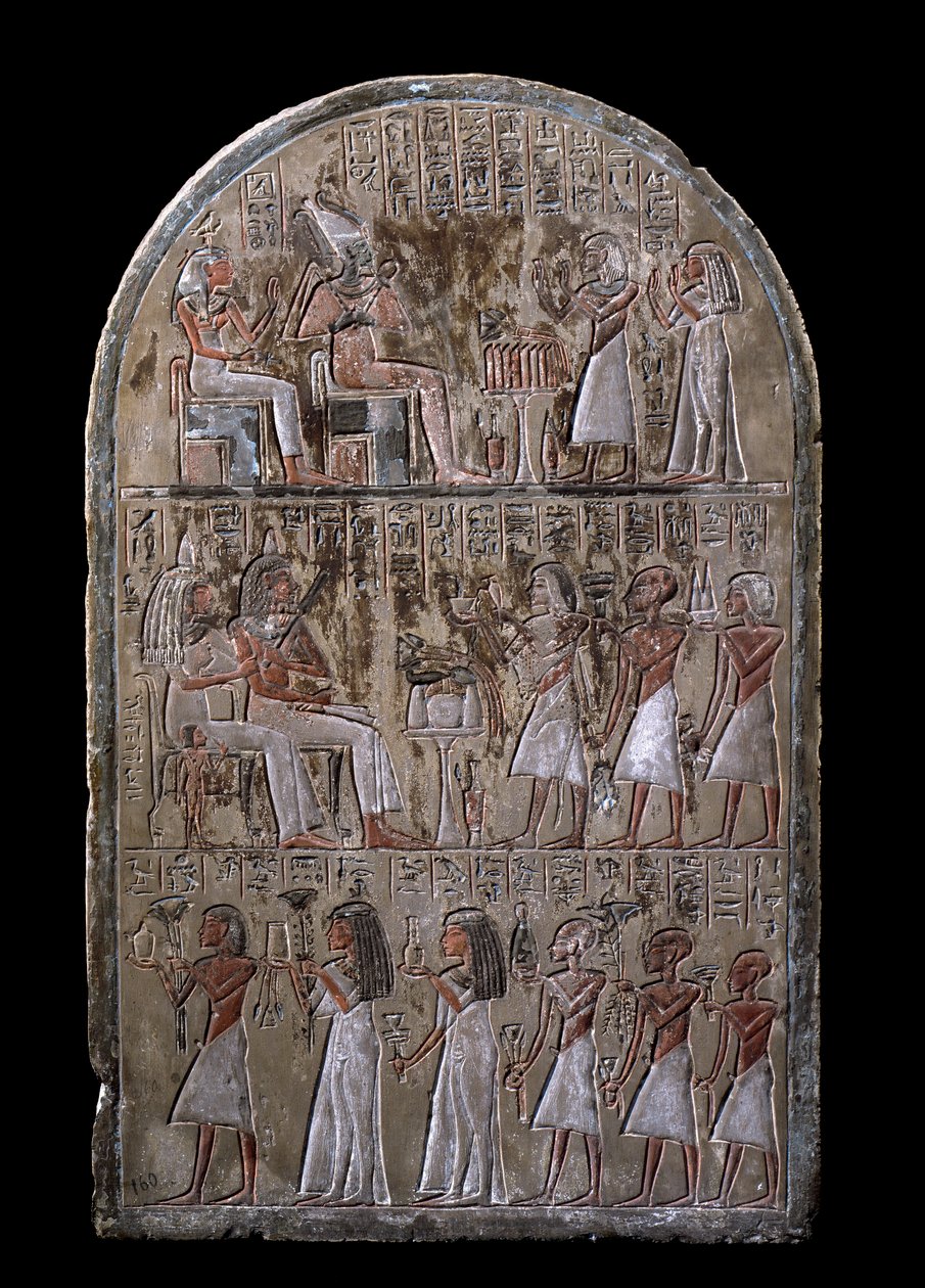 Egyptský starověk: stéla manželů Maia, zaniklá nabídka dary bohům. 18. dynastie. Z kaple Maia, Deir el-Medineh (el Medineh), New Empire Dim. 67 cm Turín, Egyptské muzeum od Egyptian 18th Dynasty