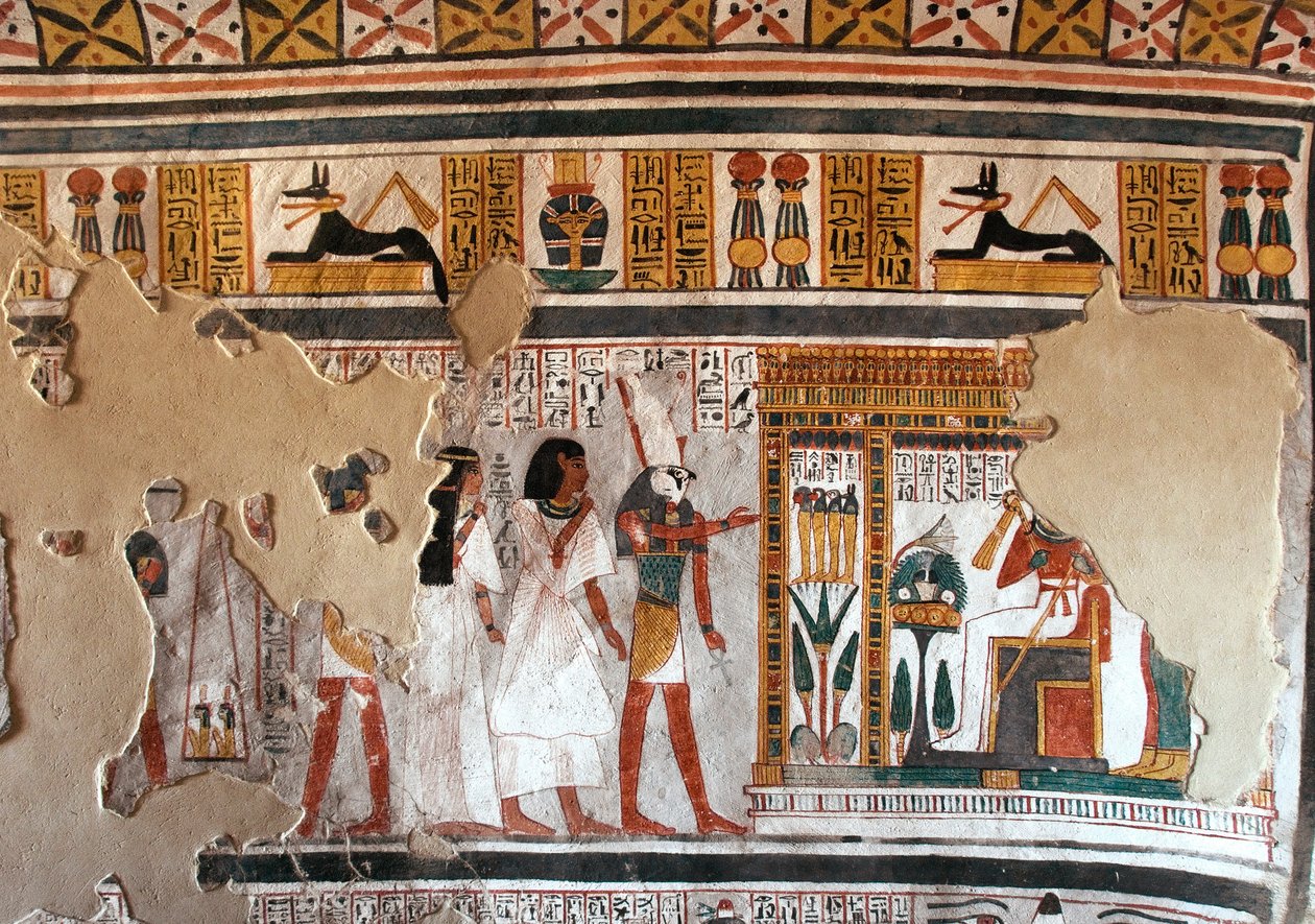 Egyptská antika: Horus vede Roye a jeho ženu k Osirisovi. Fragmenty fresky z Royovy hrobky (TT255). 18. dynastie. Ze západního břehu Luxoru, Egypt od Egyptian 18th Dynasty