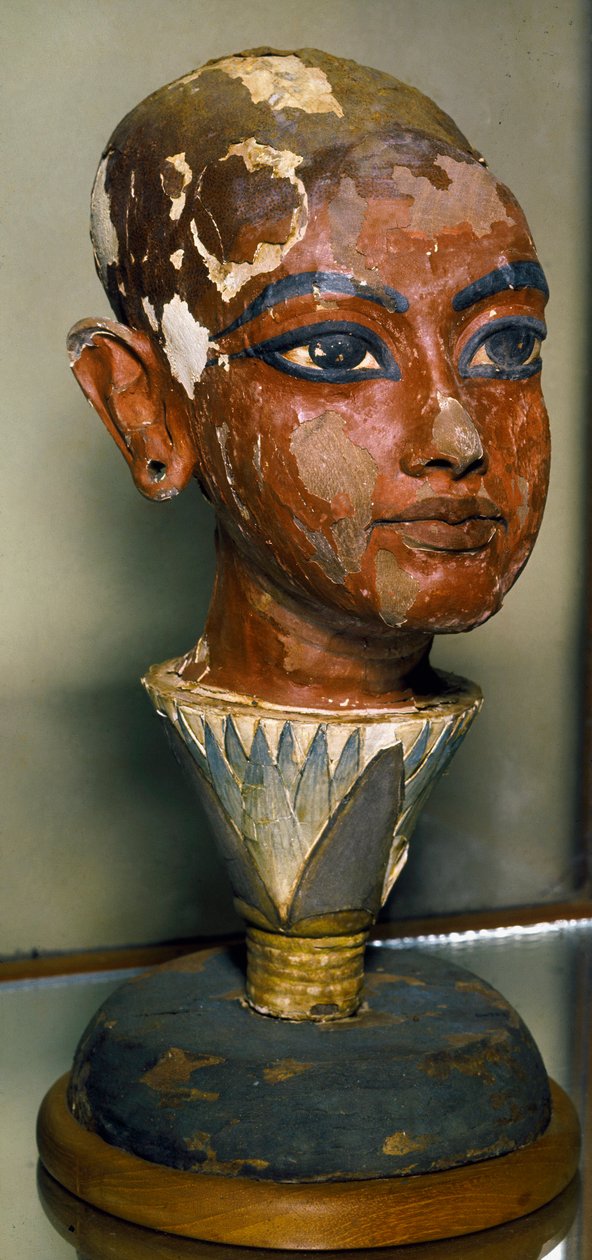 Egyptská antikitida: portrét mladého faraona Tutanchamona (vše-Ankh-amun nebo Tutanchamon) podepřený lotosovým listem. Malovaná dřevořezba. Od Trezora Tutanchamona. Egyptské muzeum, Káhira. od Egyptian 18th Dynasty