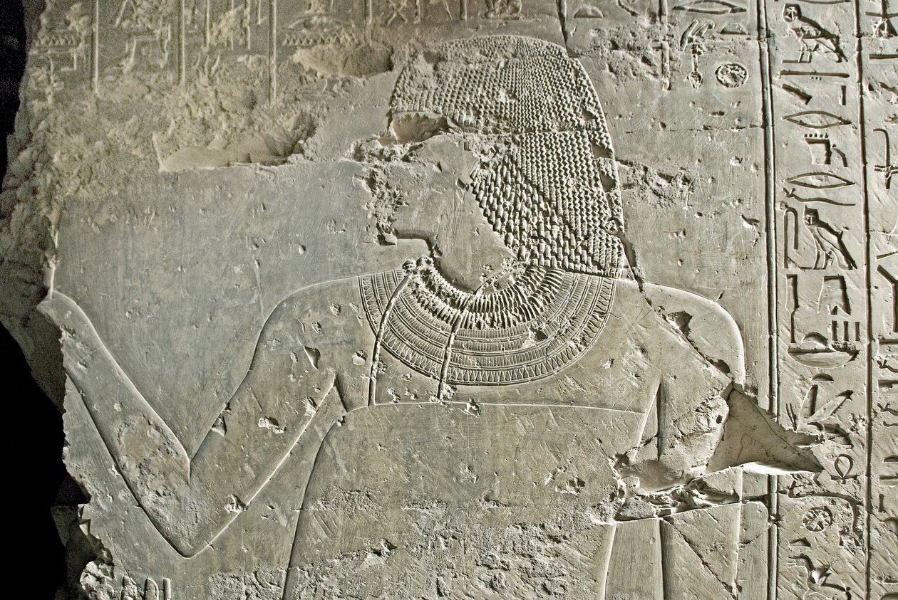 Egyptská antiquitis: reprezentace vezíra Ramose. Nízký reliéf jeho hrobky (18. dynastie). Luxor, Théby, Hrobka šlechticů Egypt od Egyptian 18th Dynasty