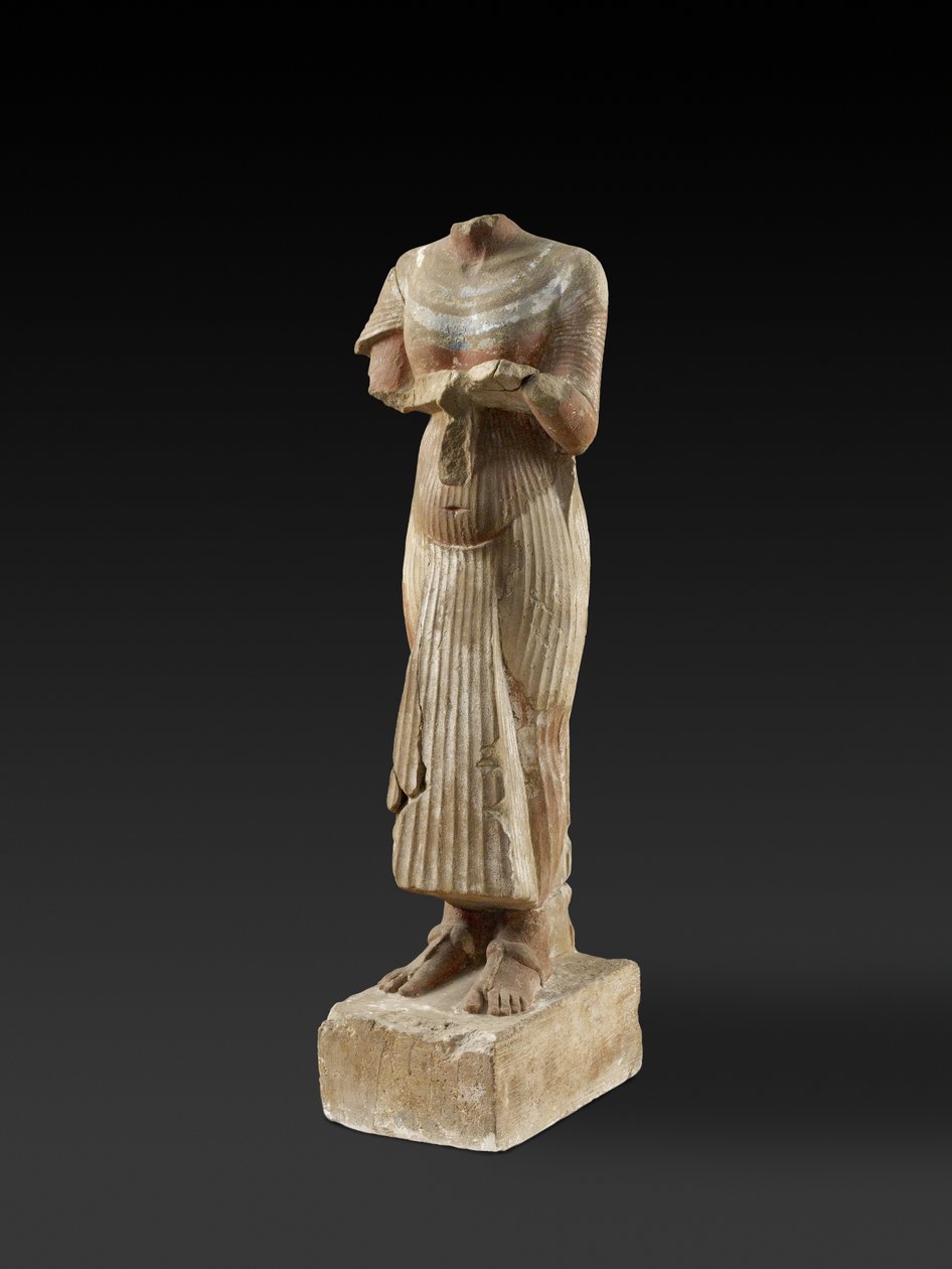 Postava faraona Achnatona držícího obětní stůl (tesaný a malovaný pískovec) od Egyptian 18th Dynasty