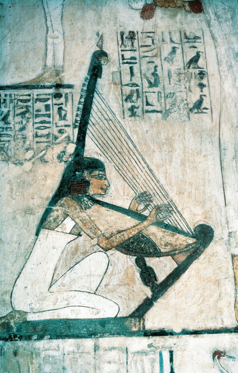 Fresky zobrazující scénu pohřební hostiny s harfenistkou z Nové říše od Egyptian 18th Dynasty