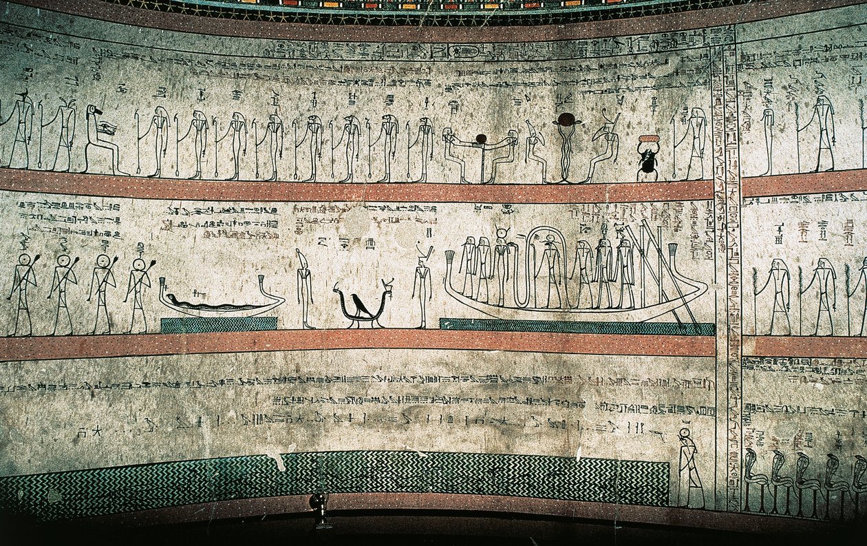 Fresky zobrazující Kniha Amduat, Cesta sluneční lodi, na západní stěně pohřebních komor od Egyptian 18th Dynasty