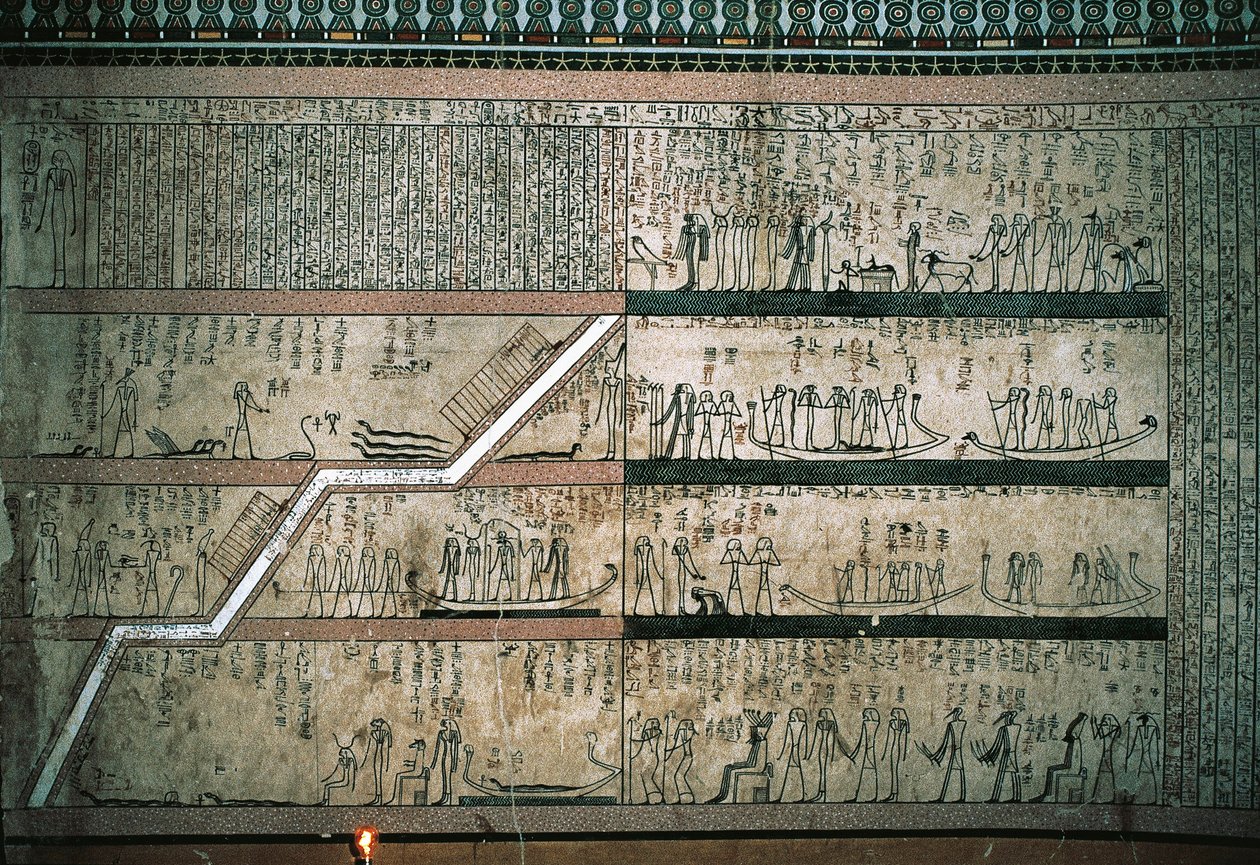 Fresky zobrazující Kniha Amduat, Cesta sluneční lodi, na východní stěně pohřebních komor od Egyptian 18th Dynasty