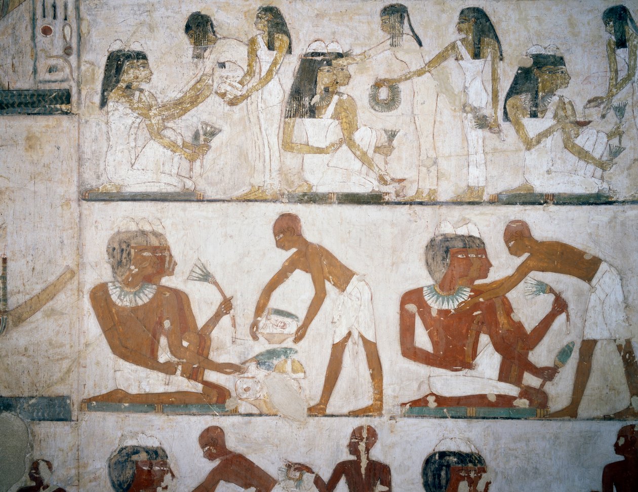 Pohřební hostina s hudebnicemi, ženami nasazujícími šperky, muži a hudebníky, fresky v Tomb of Rekhmire, Sheikh Abd el Qurna Necropolis, Luxor, Théby (Seznam světového dědictví UNESCO od Egyptian 18th Dynasty